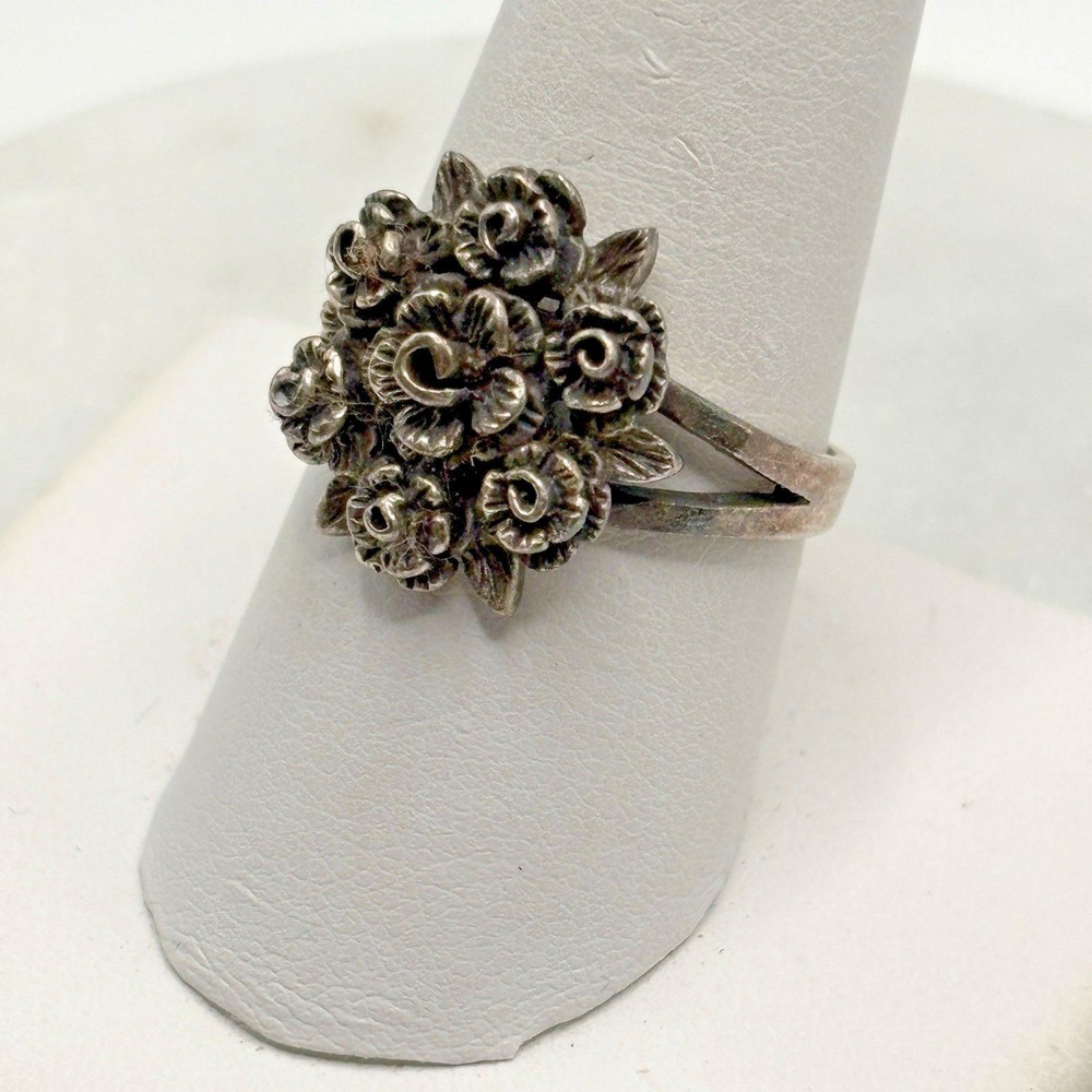 Vintage Estate Sterling Silver Rose Bouquet Ring Size 9 Dimensional Antiqued